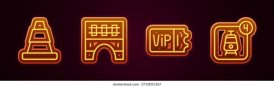Set line Traffic cone, Bridge for train, Train ticket and Online booking. Glowing neon icon. Vector
