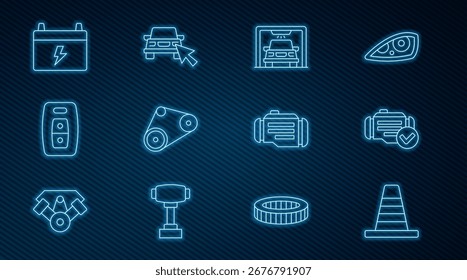 Cono de tráfico de línea, motor de verificación, lavado de coches, kit de correa de distribución, llave con control remoto, batería e icono de uso compartido de automóviles en línea. Vector