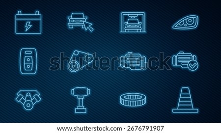 Set line Traffic cone, Check engine, Car wash, Timing belt kit, key with remote, battery,  and Online car sharing icon. Vector
