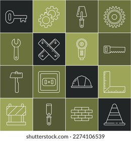 Set line Traffic cone, Corner ruler, Hand saw, Trowel, Crossed, Wrench spanner, Old key and Angle grinder icon. Vector