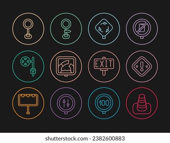Die Linie Traffic-Kegel, Ausrufezeichen im Dreieck, Kreisverkehr Schild, Drawbridge voraus, Stopp mit Kamera, Straße, Feuerausfahrt und Symbol. Vektorgrafik