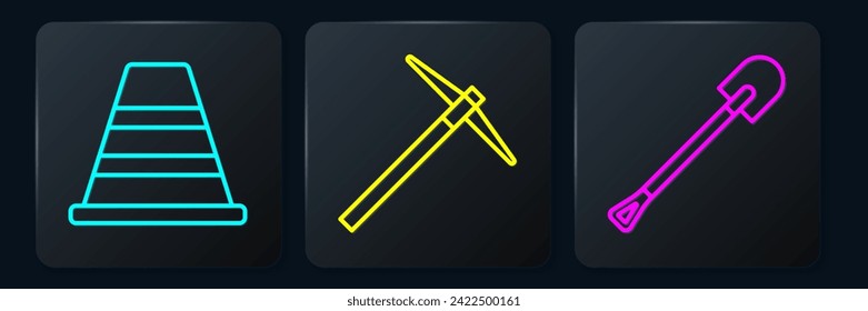 Set line Traffic cone, Fire shovel and Pickaxe. Black square button. Vector