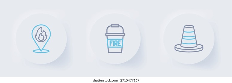 Fije el cono del tráfico de la línea, el cubo del fuego y la Locación con el icono de la llama del fuego. Vector