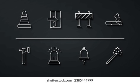 Set line Traffic cone, Firefighter axe, Cigarette, Ringing alarm bell, exit, Burning match with fire and Road barrier icon. Vector