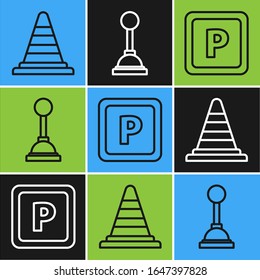 Set line Traffic cone, Parking and Gear shifter icon. Vector