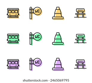 Cono de tráfico, vagones de tren de pasajeros, inodoro e icono de la sala de espera. Vector
