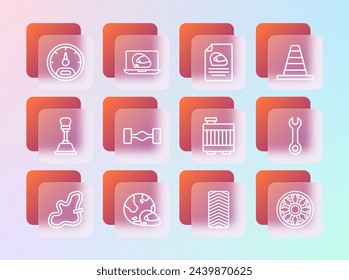 Set line Traffic cone, Racing helmet, Car radiator cooling system, tire wheel, Chassis car, Speedometer and  icon. Vector