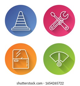 Set line Traffic cone, Screwdriver and wrench tools, Car door and Speedometer. Color circle button. Vector