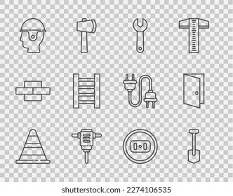Set line Traffic cone, Shovel, Wrench spanner, Electric rotary hammer drill, Worker safety helmet, Wooden staircase, Electrical outlet and Closed door icon. Vector