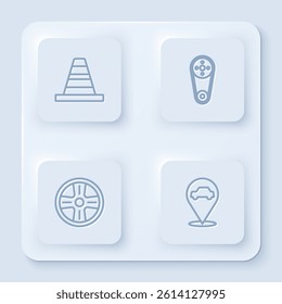 Set line Traffic cone, Timing belt kit, Alloy wheel and Location with car service. White square button. Vector