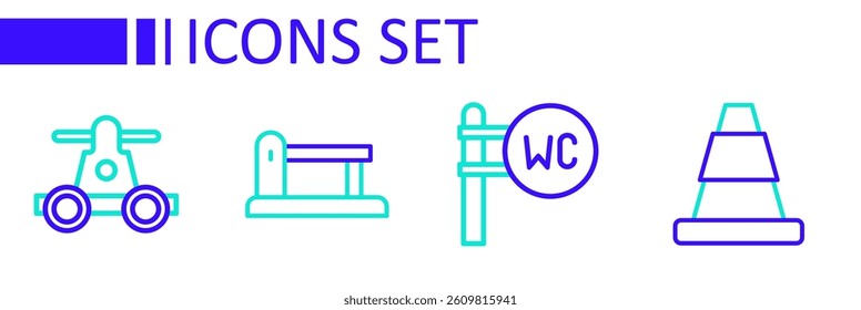 Set line Traffic cone, Toilet, Railway, railroad track and Handcar transportation icon. Vector