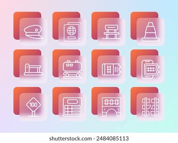 Set line Traffic cone, Train station board, ticket, Bridge for train, Oil railway cistern, Waiting hall, driver hat and Passport icon. Vector