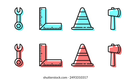 Cono de tráfico, llave inglesa, Regla de esquina e ícono de hacha de madera. Vector
