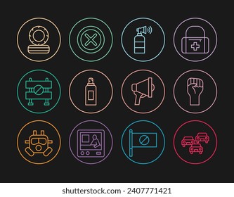 Set line Traffic jam, Raised hand with clenched fist, Air horn, Paint spray can, Road barrier, Lying burning tires, Megaphone and X Mark, Cross circle icon. Vector