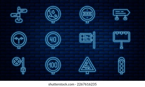 Set line Traffic light, Billboard with lights, Railroad crossing, Speed limit traffic, Fork the, Road sign, ublic transport and warning rockfall icon. Vector