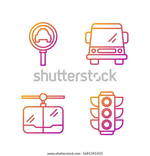 Set line Traffic light,\
Cable car, Magnifying glass and taxi car and Car. Gradient color\
icons. Vector