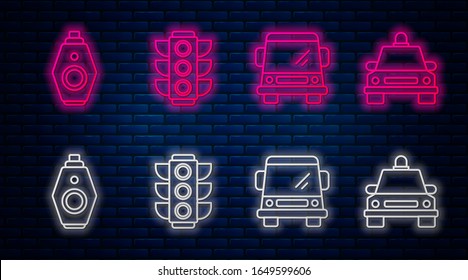 Ajuste el semáforo en línea, el Camión, la tecla de Camión con el camión remoto y Taxi. Icono de neón brillante en la pared de ladrillo. Vector