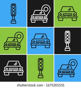 Set line Traffic light, Car and Map pointer with taxi icon. Vector