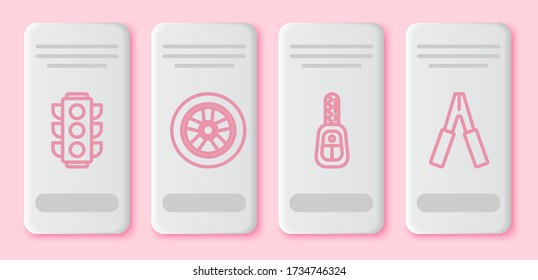 Set line Traffic light, Car wheel, Car key with remote and Car battery jumper power cable. White rectangle button. Vector