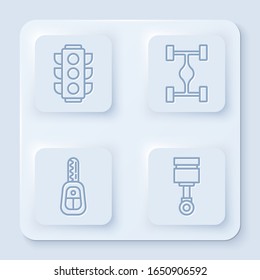 Set Line Traffic Light, Chassis Car, Car Key With Remote And Engine Piston. White Square Button. Vector