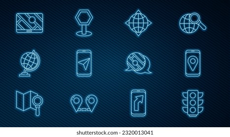 Set line Traffic light, City map navigation, World globe with compass, Earth, Infographic of city and Road traffic sign icon. Vector