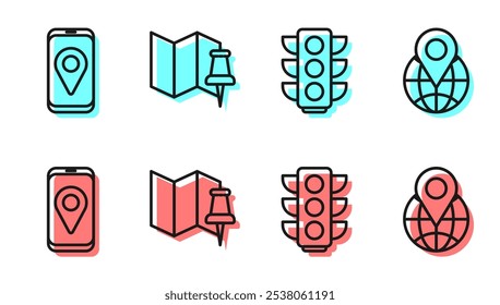 Set line Traffic light, City map navigation, Folded map with push pin and Location on the globe icon. Vector