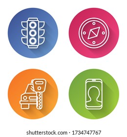 Set line Traffic light, Compass, Car rental and Taxi call telephone service. Color circle button. Vector