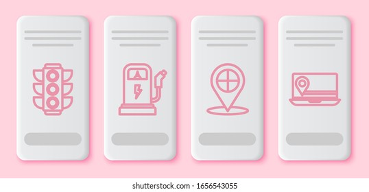 Set line Traffic light, Electric car charging station, Map pointer with taxi and Laptop with location marker. White rectangle button. Vector