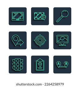 Ajuste el semáforo de línea, el mapa doblado con el marcador de ubicación, Ruta, Pin de inserción, Deporte de destino, Ubicación, dispositivo Gps e icono. Vector