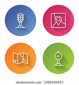 Set line Traffic light, Folded map with location marker,  and sign turn left. Color circle button. Vector