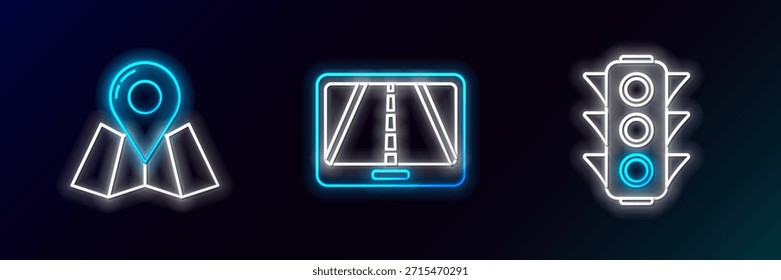 Set line Traffic light, Folded map with location marker and Infographic of city navigation icon. Glowing neon. Vector