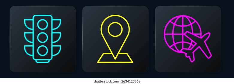 Set line Traffic light, Globe with flying plane and Location. Black square button. Vector