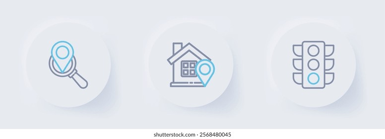 Set line Traffic light, Location with house and Search location icon. Vector