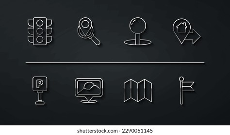 Set line Traffic light, Parking, Location with house, Folded map, Search location, marker and Push pin icon. Vector