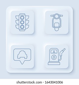 Set line Traffic light, Scooter, Map pointer with taxi and Petrol or Gas station. White square button. Vector