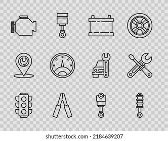 Set line Traffic light, Shock absorber, Car battery, jumper power cable, Check engine, Speedometer, Engine piston and Screwdriver and wrench tools icon. Vector