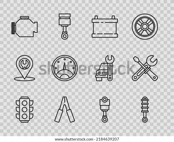 Set line Traffic light, Shock\
absorber, Car battery, jumper power cable, Check engine,\
Speedometer, Engine piston and Screwdriver and wrench tools icon.\
Vector