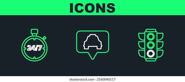 Set line Traffic light, Stopwatch 24 hours and Map pointer with taxi icon. Vector