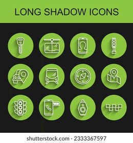 Set line Traffic light, Taxi call telephone service, Car key, with remote, car roof, Tram and railway, Folded map location marker and Compass icon. Vector