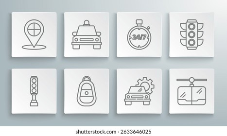 Set line Traffic light, Taxi car, Car key with remote, service, Cable, Stopwatch 24 hours,  and Map pointer taxi icon. Vector