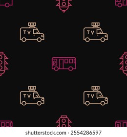 Set line Traffic light, TV News car and Bus on seamless pattern. Vector