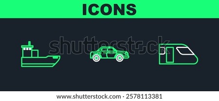 Set line Train, Cargo ship and Sedan car icon. Vector
