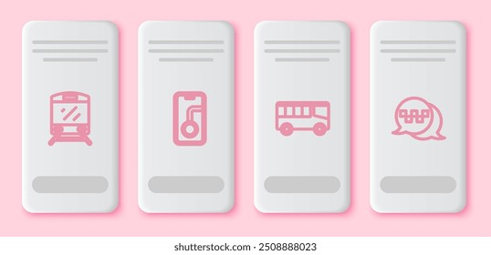 Set line Train, City map navigation, Bus and Taxi call telephone service. White rectangle button. Vector