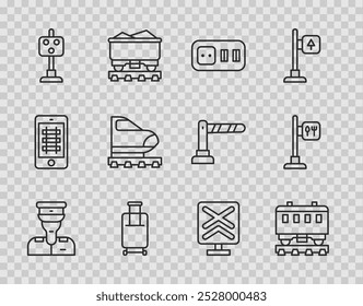 Conductor de tren, vagones de tren de pasajeros, toma de corriente eléctrica, maleta, semáforo, alta velocidad, cruce de ferrocarril e icono de ubicación de cafetería y restaurante. Vector