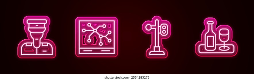 Set line Train conductor, Railway map, traffic light and Wine bottle with glass. Glowing neon icon. Vector