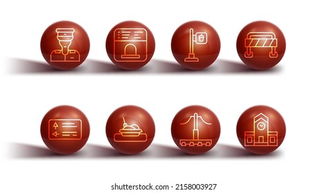 Set Line Train Conductor, Road Traffic Signpost, Barrier, Railway, Plate With Food, Ticket Office Buy Tickets, Station And Cafe And Restaurant Location Icon. Vector