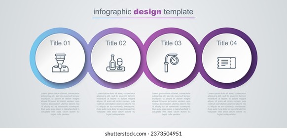 Set line Train conductor, Wine bottle with glass, station clock and ticket. Business infographic template. Vector