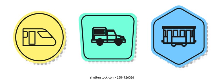 Set line Train, Delivery cargo truck vehicle and Old city tram. Colored shapes. Vector