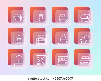 Set line Train driver hat, Railway map, Traffic cone, Passenger train cars, station board, Trolley suitcase, ticket and conductor icon. Vector