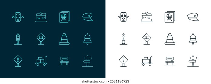 Sombrero del conductor del tren, maleta del carro, cono del tráfico, sala de espera, cruce del ferrocarril, pasaporte, ubicación de la ruta e icono de la estación de tren. Vector